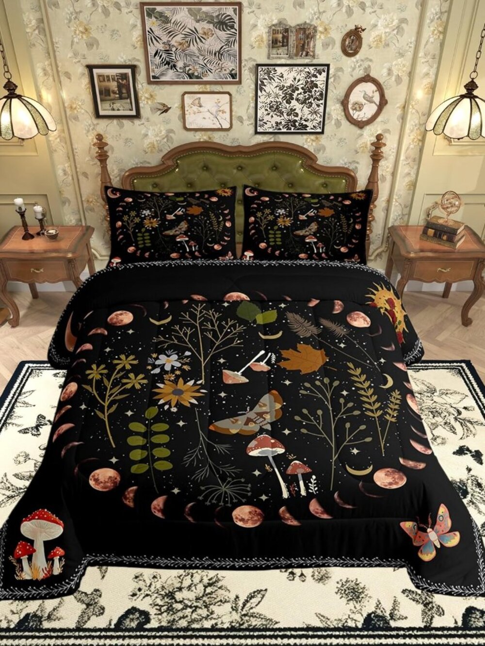 Gothic Nature Comforter Set for Kids Room Decor Butterfly Moth Flower Mushroom R